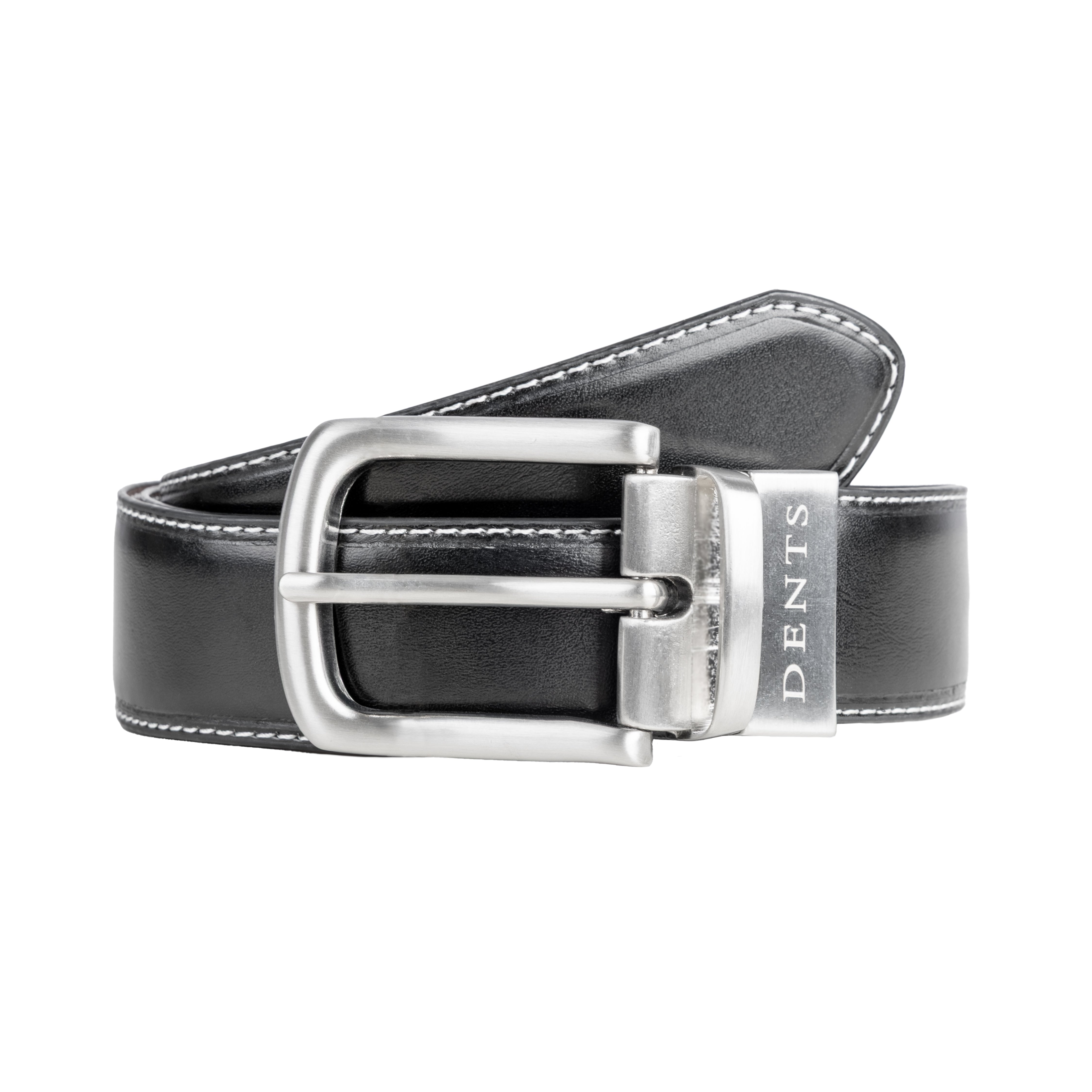 Men's Reversible Leather Belt with Brushed Silver Buckle Dents