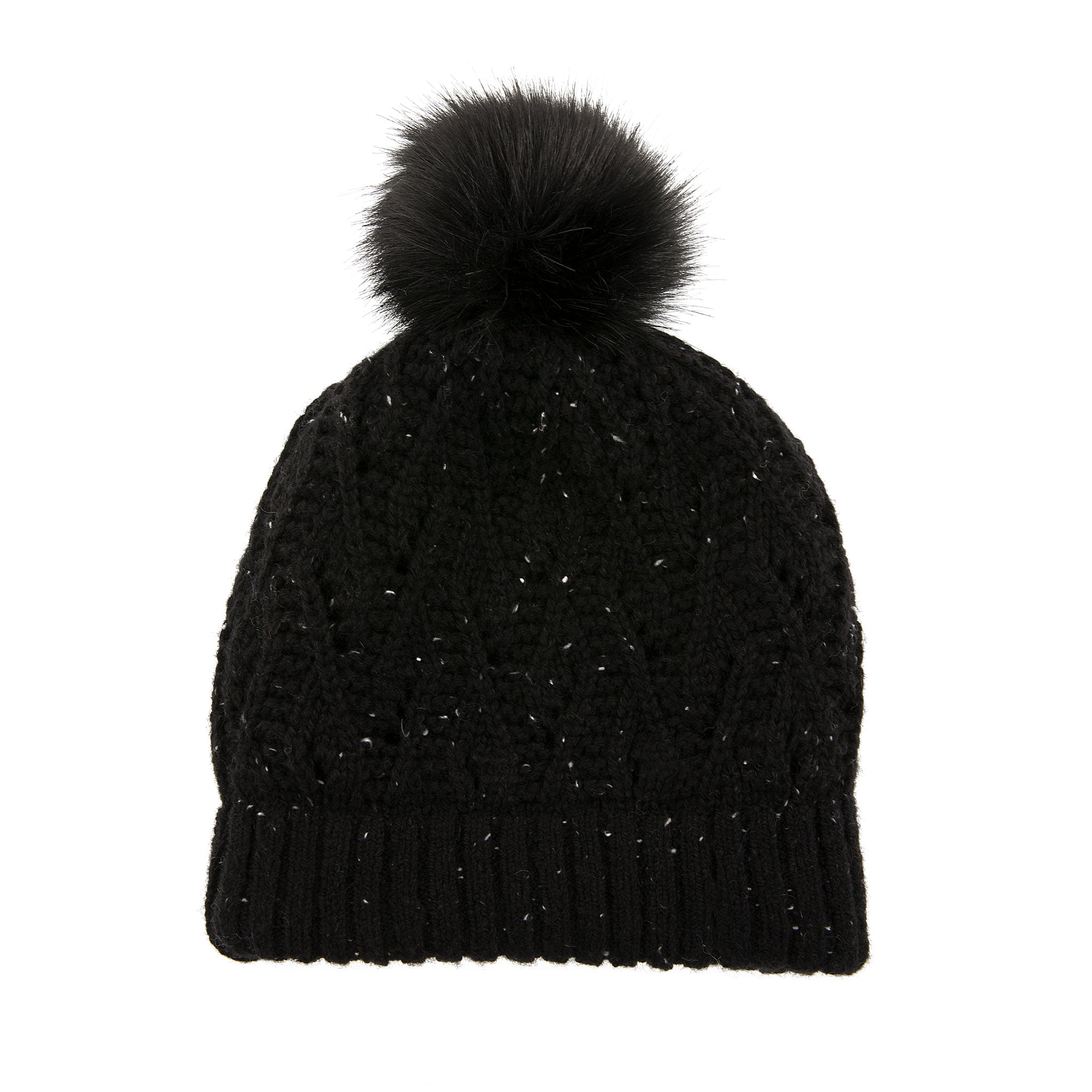 Women's Lace Knit Bobble Hat with Marl Yarn and Faux Fur Pom Pom