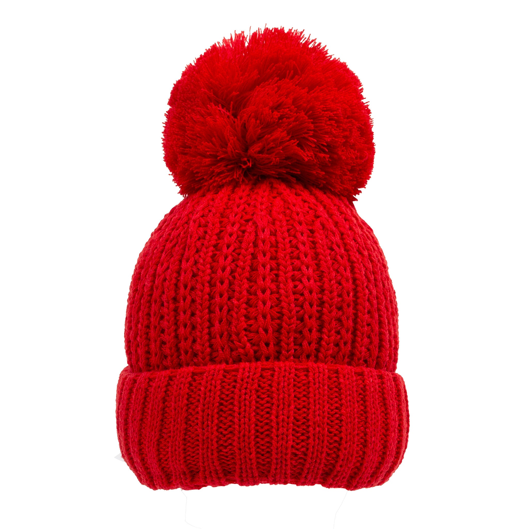 Women's Ribbed Knit Bobble Hat with Large Yarn Pom Pom Dents