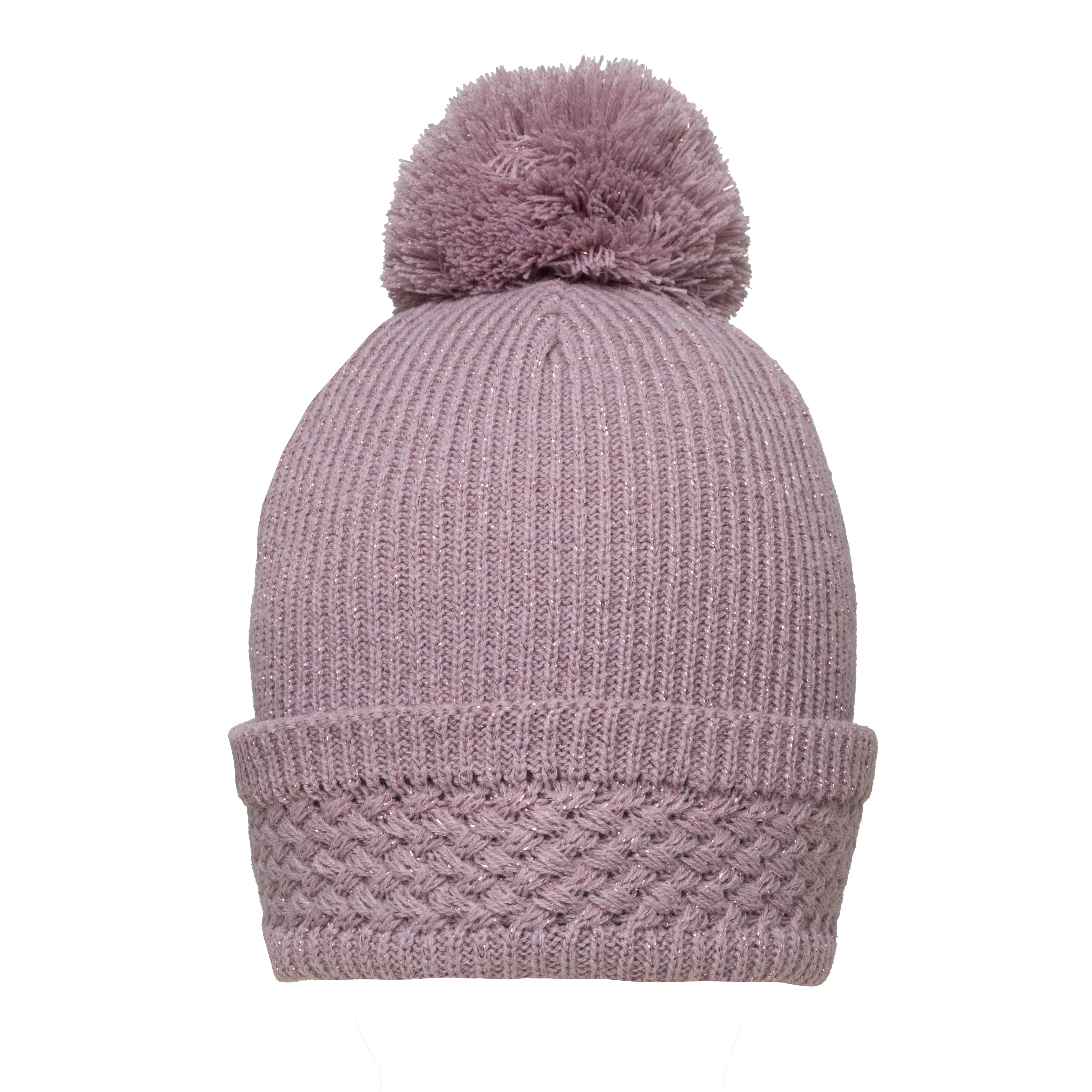 Women's Ribbed Knit Bobble Hat with Metallic Yarn and Yarn Pom Pom