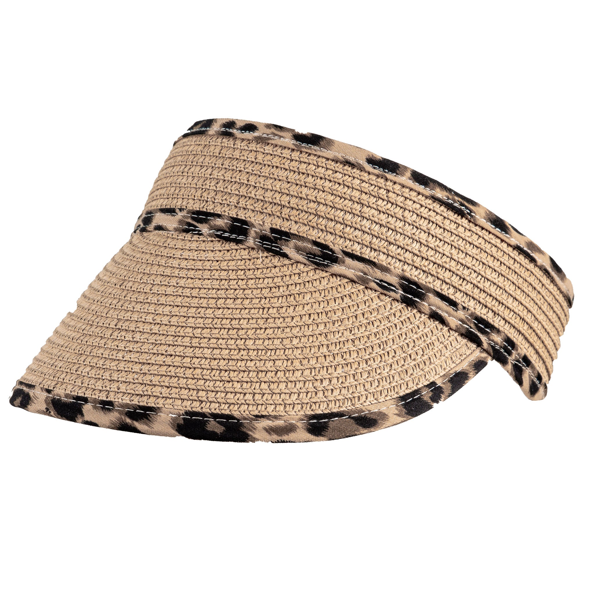 Women's Straw Sun Visor with Animal Print Trim Dents
