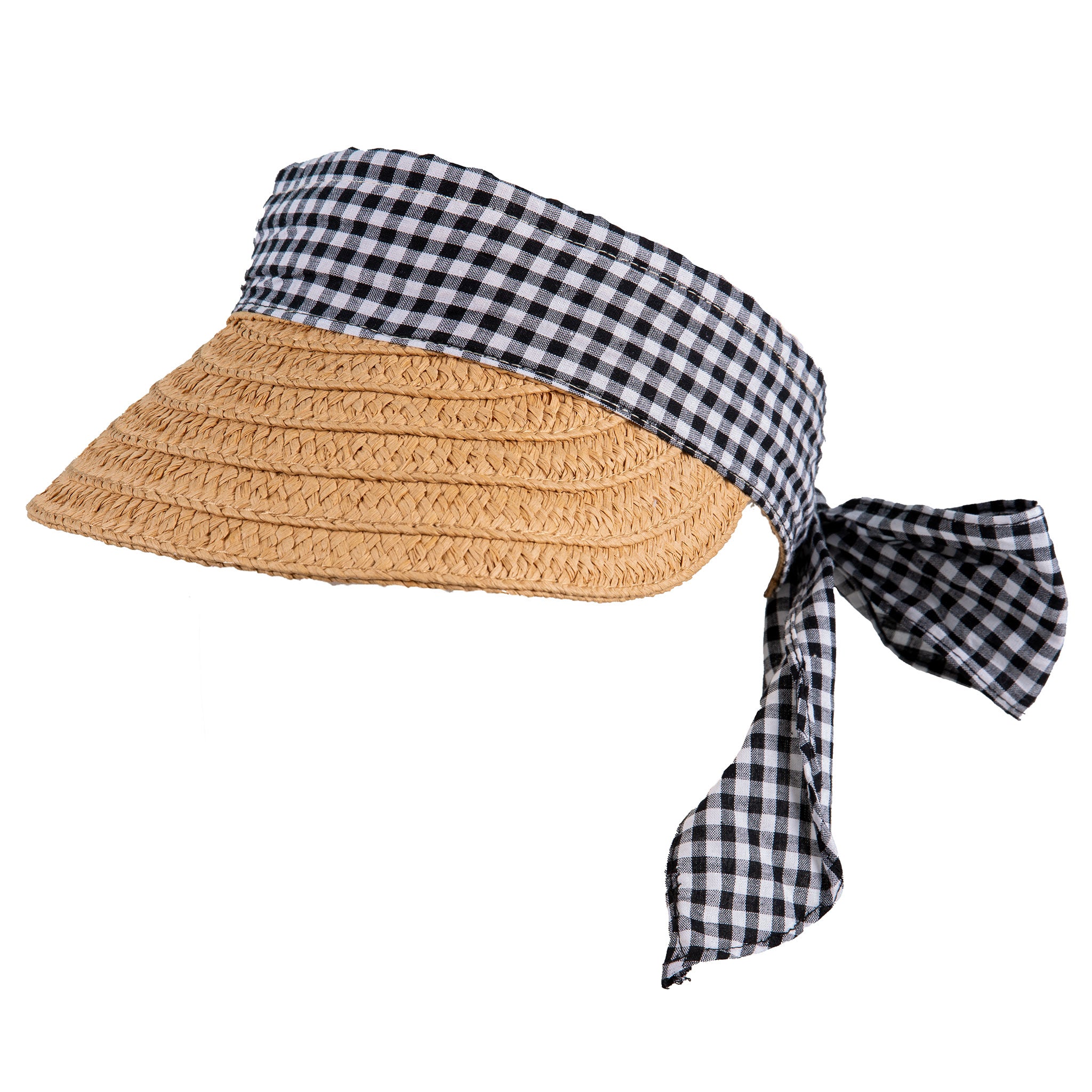 Women's Straw Sun Visor with Gingham Ribbon Band and Tie Dents