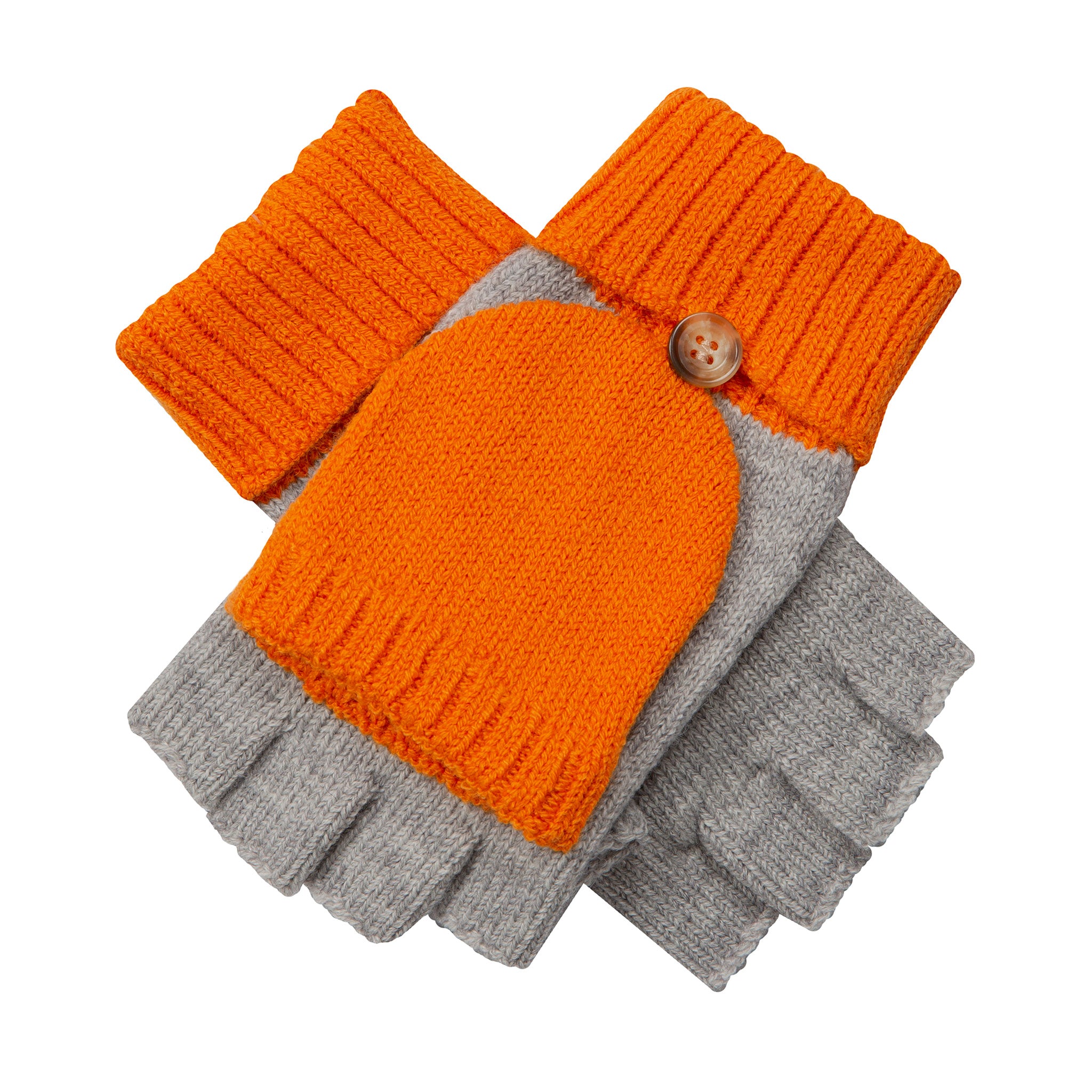Women s Two Tone Knitted Fingerless Gloves with Mitten FlapDove Grey Orange ONE