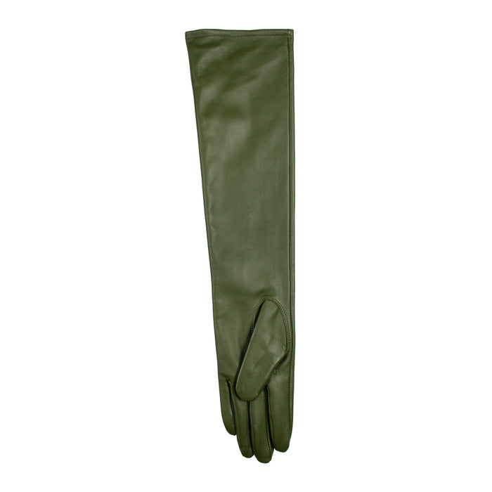 Women's Single Point Long Above Elbow Lined Leather Gloves in Forest  palm side up 