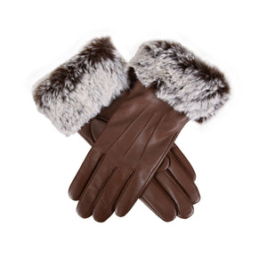 Women’s Touchscreen Three-Point Leather Gloves with Faux Fur Cuffs