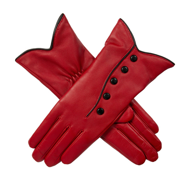 Women’s Wool-Lined Leather Gloves with Buttons and Piping