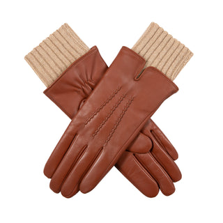 Women’s Three-Point Wool Blend-Lined Leather Gloves with Knitted Cuffs