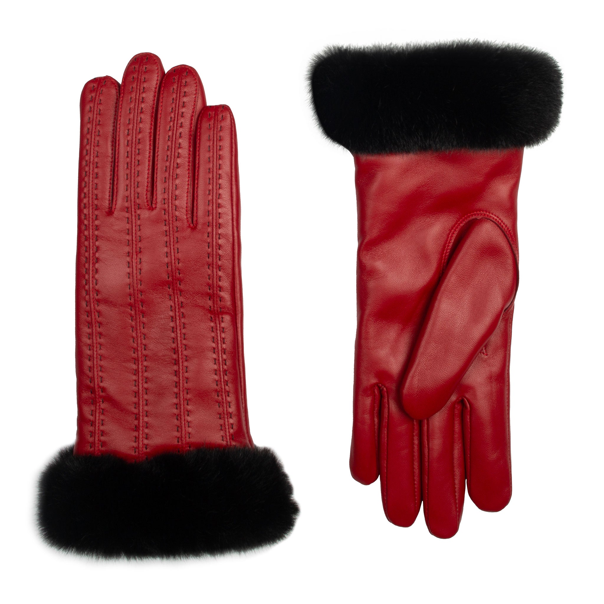 Women's Faux Fur-Lined Leather Gloves with Stitch Detail and Faux