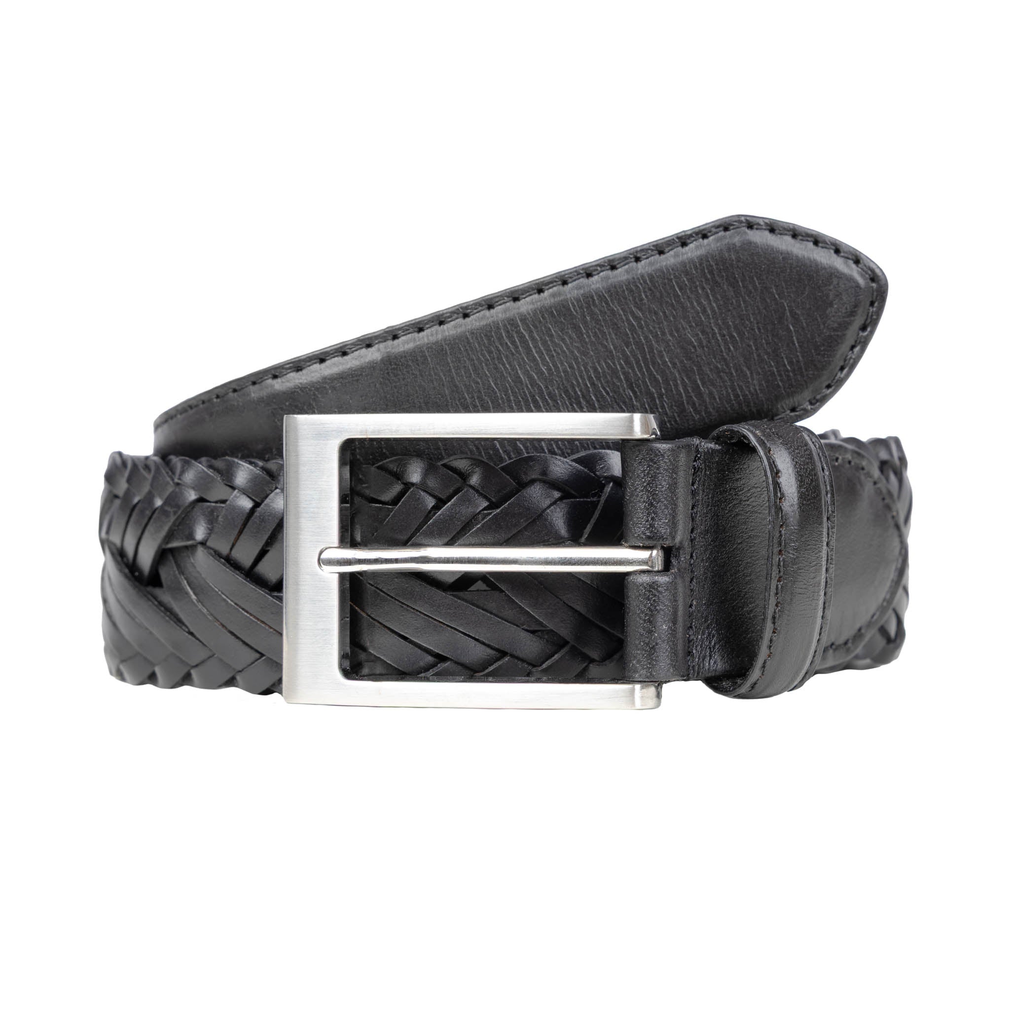 Men's Woven Leather Belt with Brushed Silver Buckle Dents
