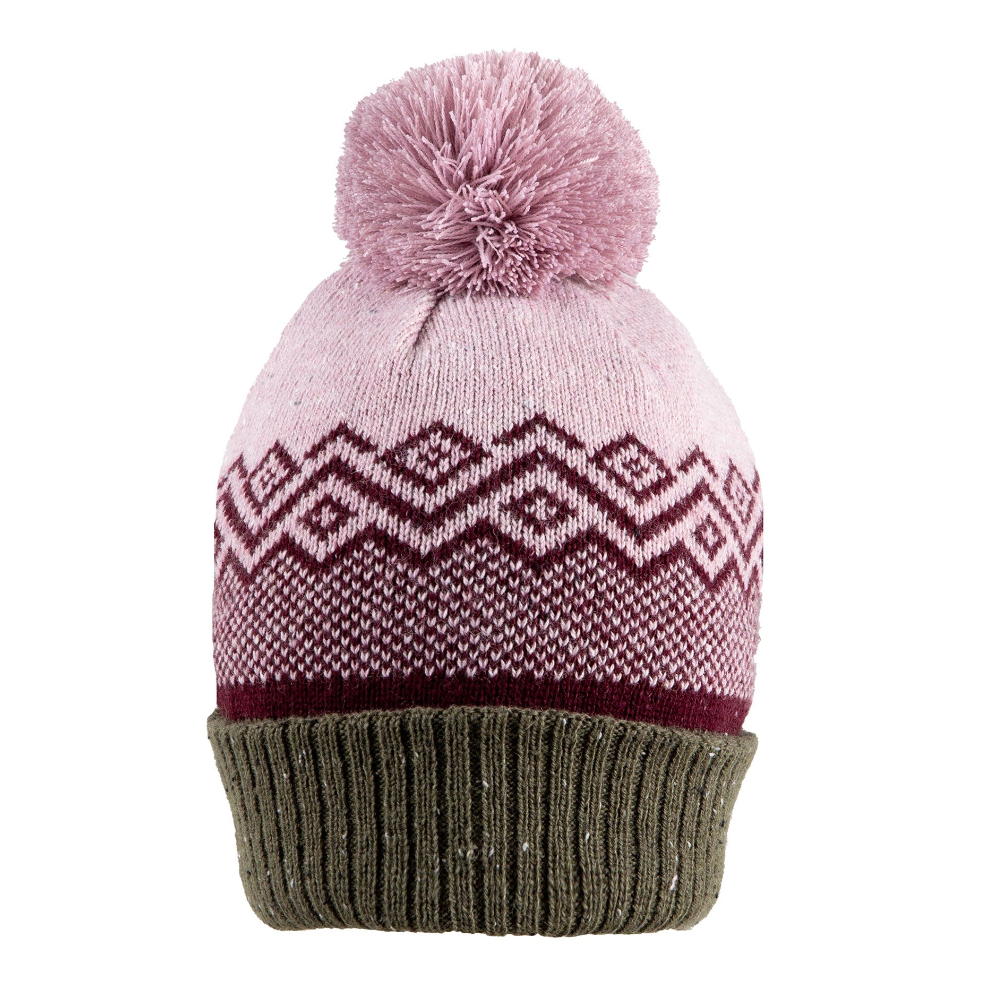 Women’s Jacquard Knitted Bobble Hat with Geometric Pattern and Yarn Pom Pom