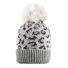 Women's Jacquard Knitted Bobble Hat with Leopard Print