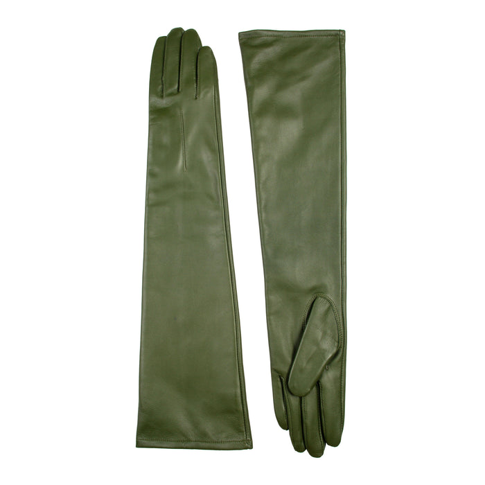 Women's Single Point Long Above Elbow Lined Leather Gloves in Forest - both gloves