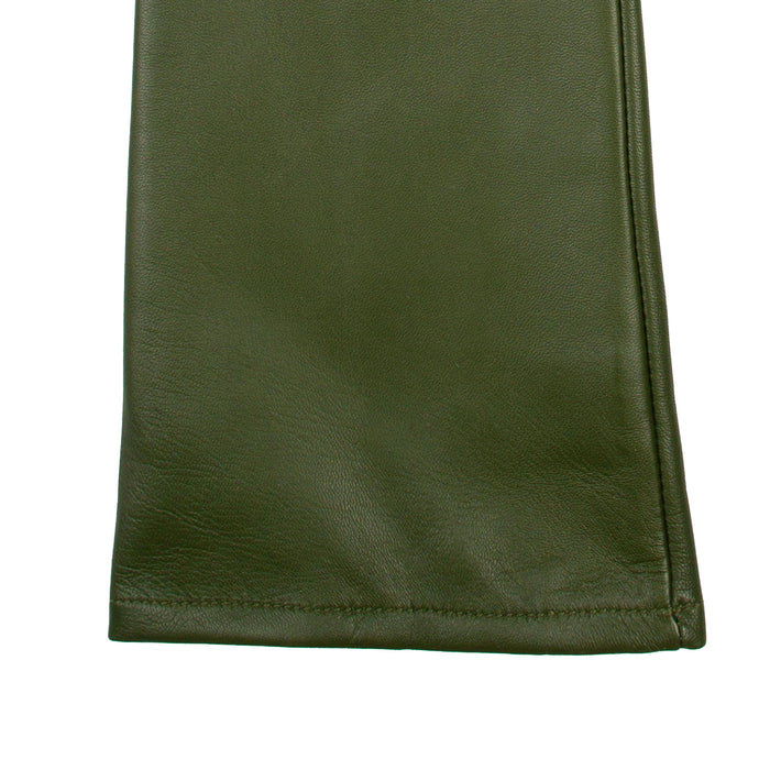 Women's Single Point Long Above Elbow Lined Leather Gloves in Forest- close up of the cuff