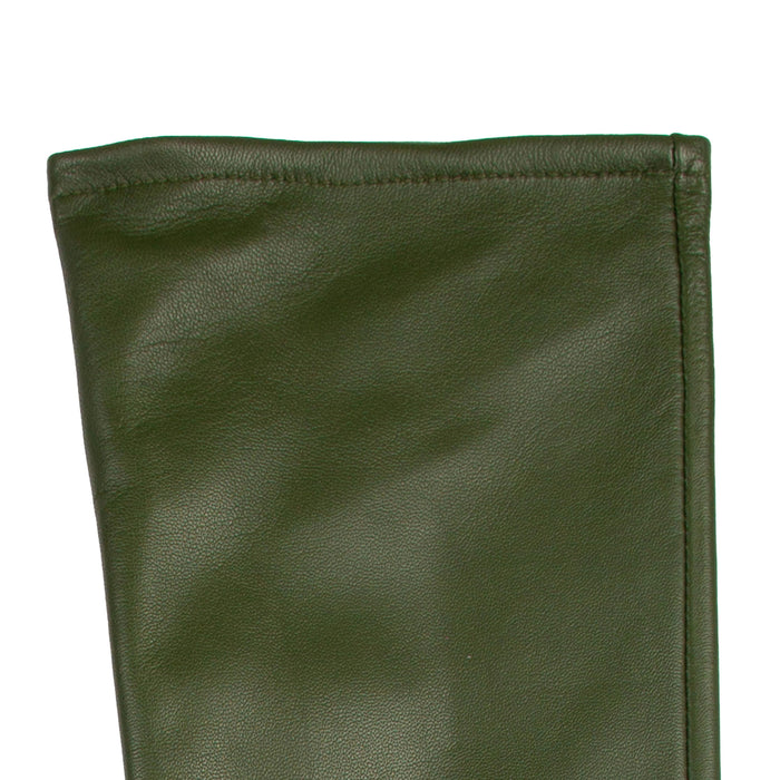 Women's Single Point Long Above Elbow Lined Leather Gloves in Forest - close up of the cuff