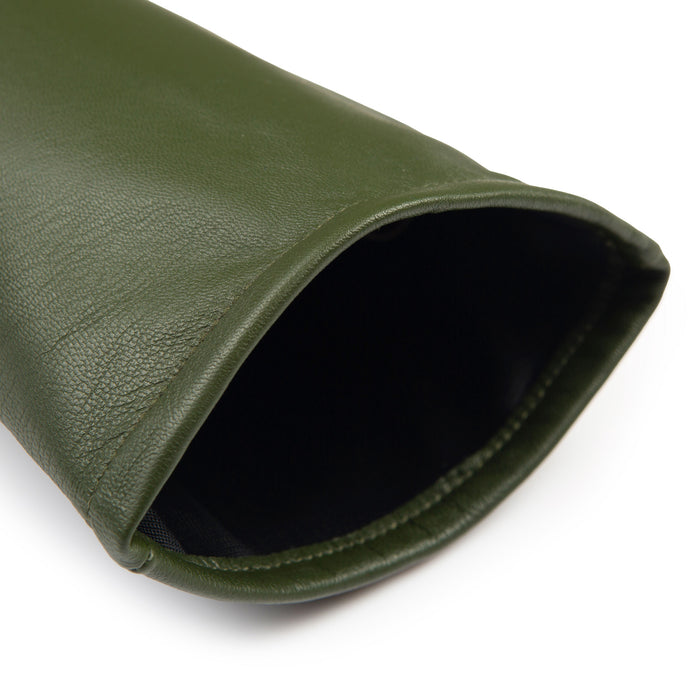 Women's Single Point Long Above Elbow Lined Leather Gloves in Forest - open cuff