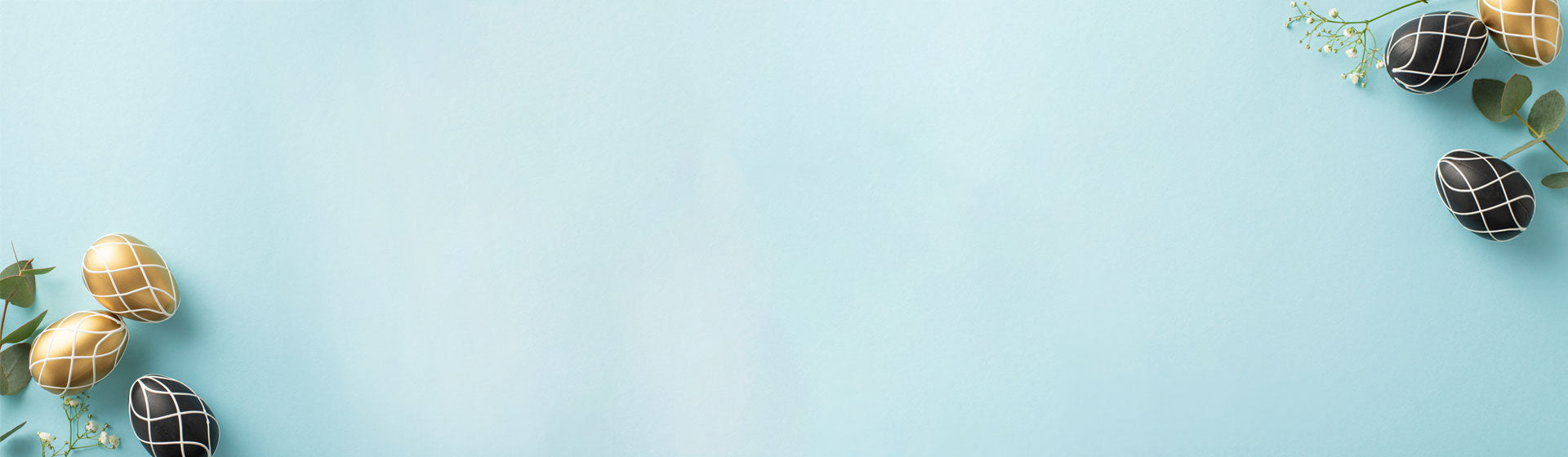 Blue background with gold and black easter eggs and babys breath flower.