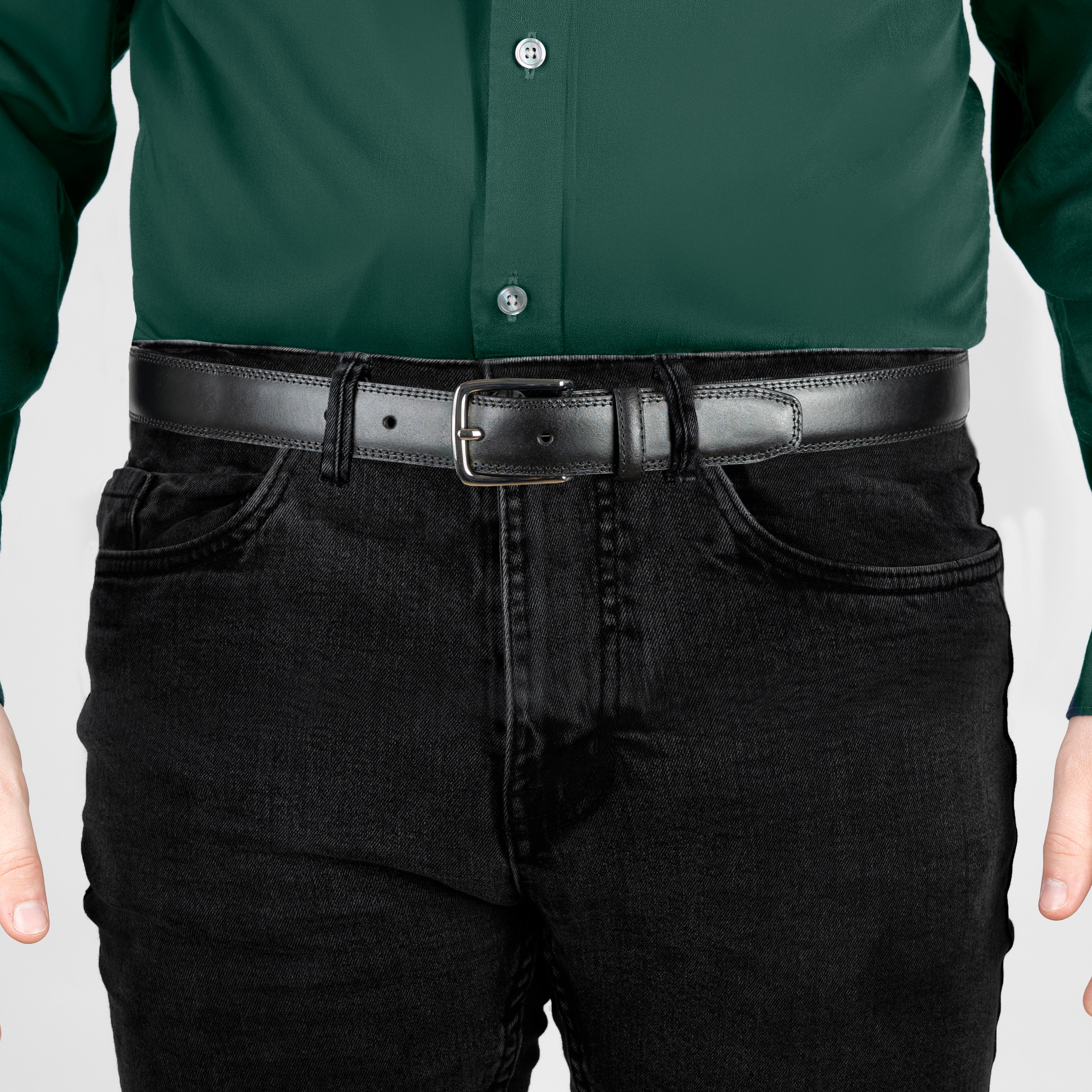 Men's Lined Leather Belt with Shiny Gilt Nickel Buckle | Dents