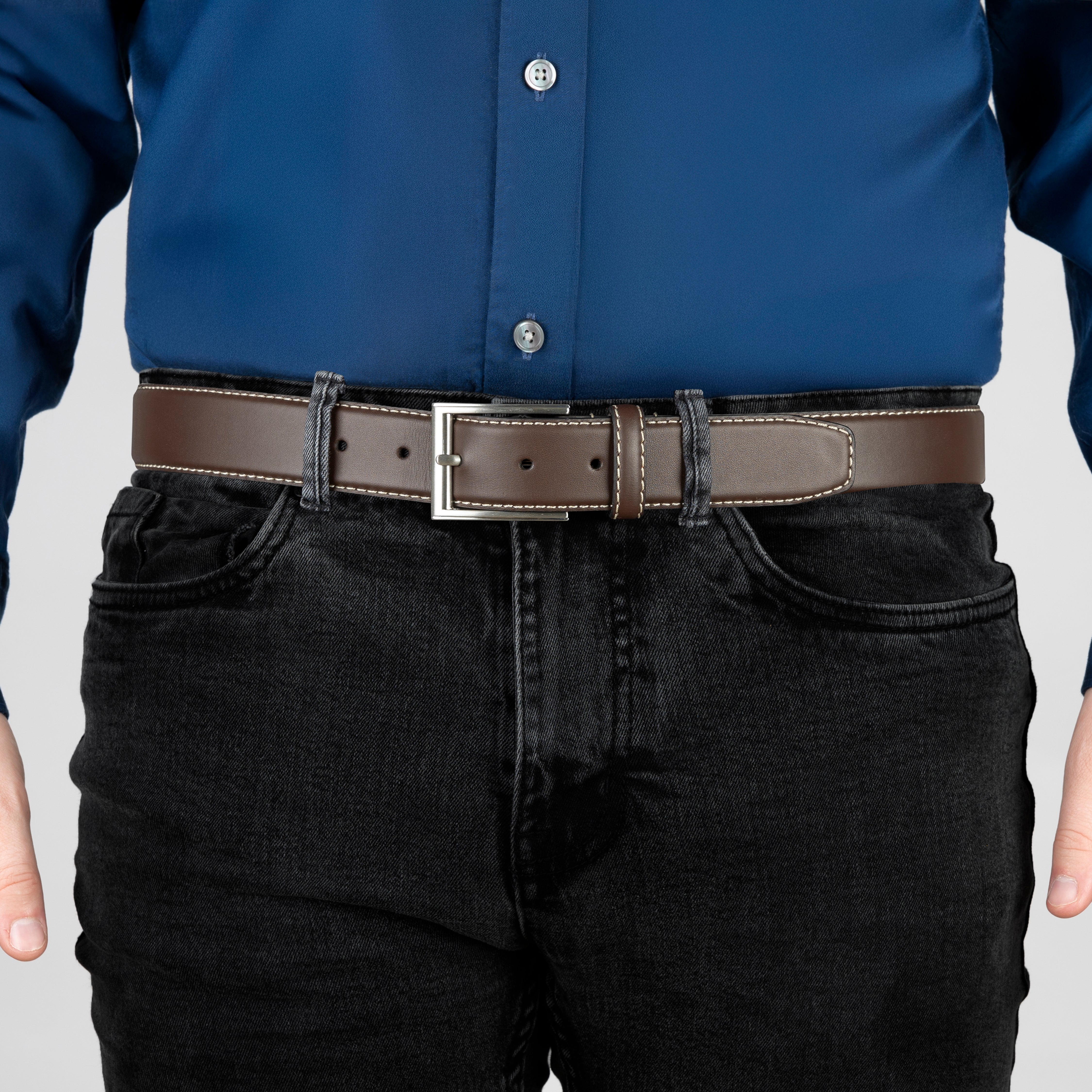 Men's Full-Grain Leather Belt with Satin Nickel Buckle Dents