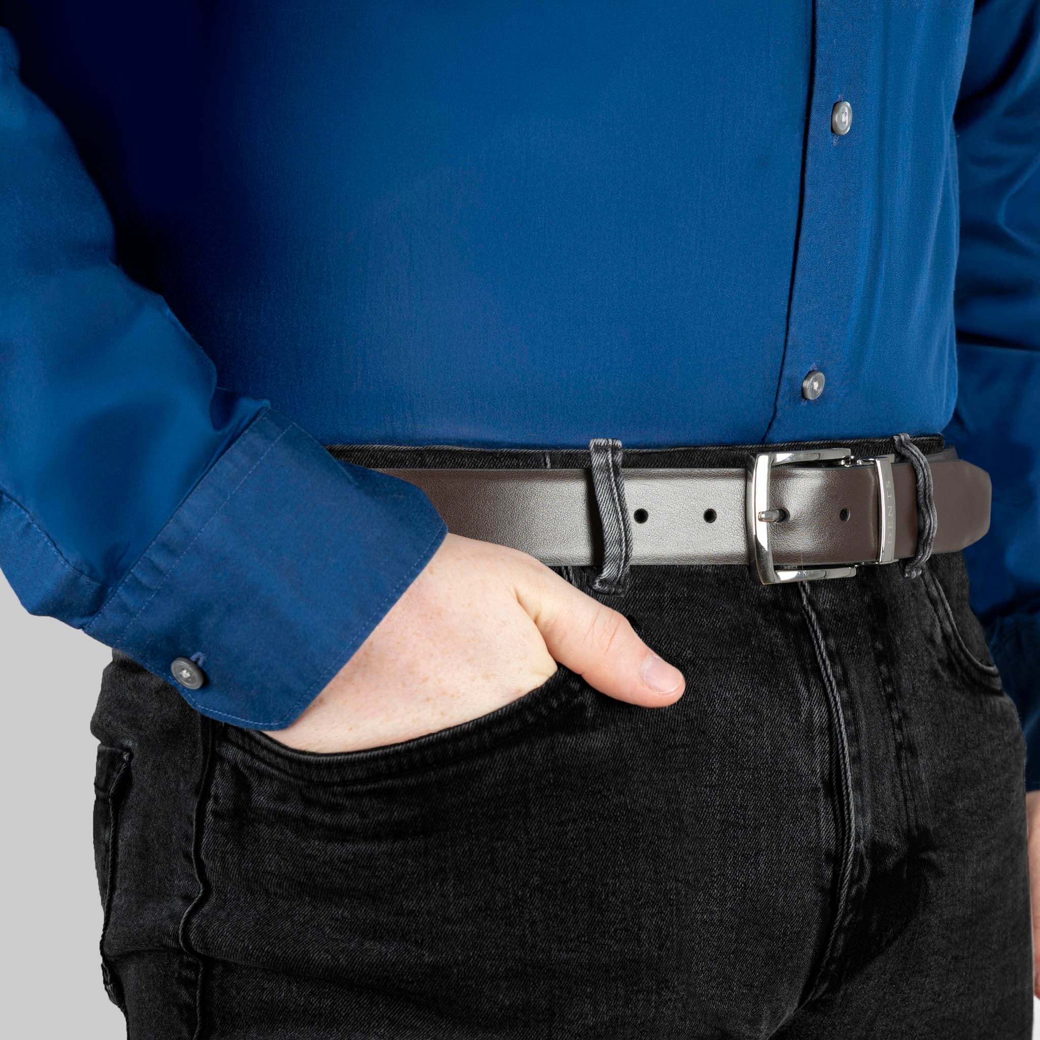 Men's Reversible Leather Belt with Shiny Silver Buckle Dents