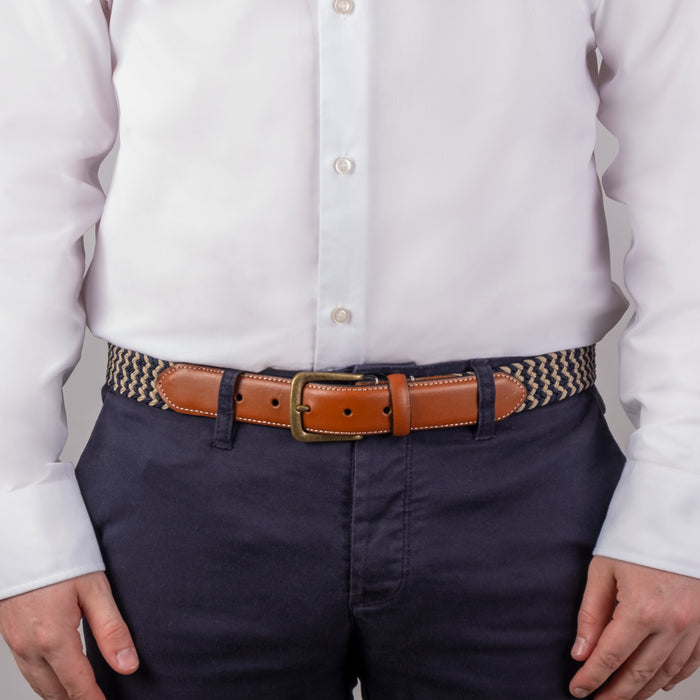 Men's Woven Stretch Belt with Antique Brushed Gold Buckle Dents