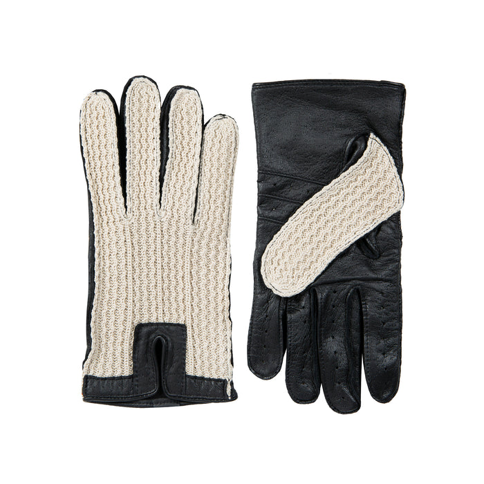 Men’s Crochet-Back Imitation Peccary Leather Driving Gloves in Black side by side