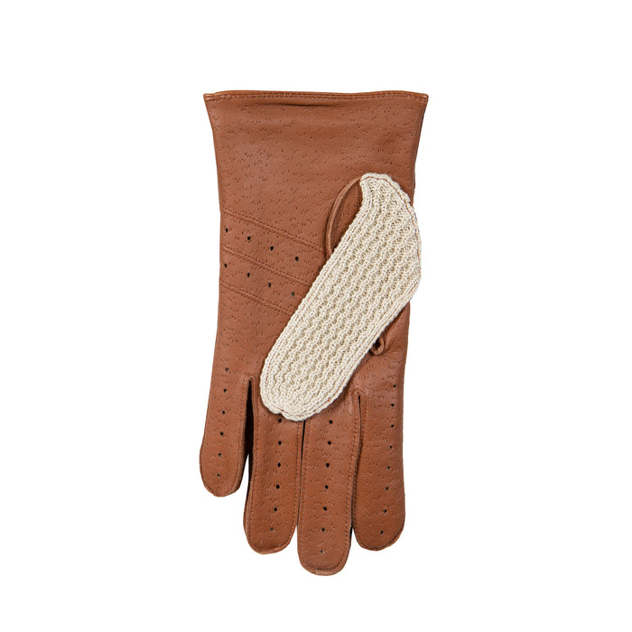 Men’s Crochet-Back Imitation Peccary Leather Driving Gloves in cognac left