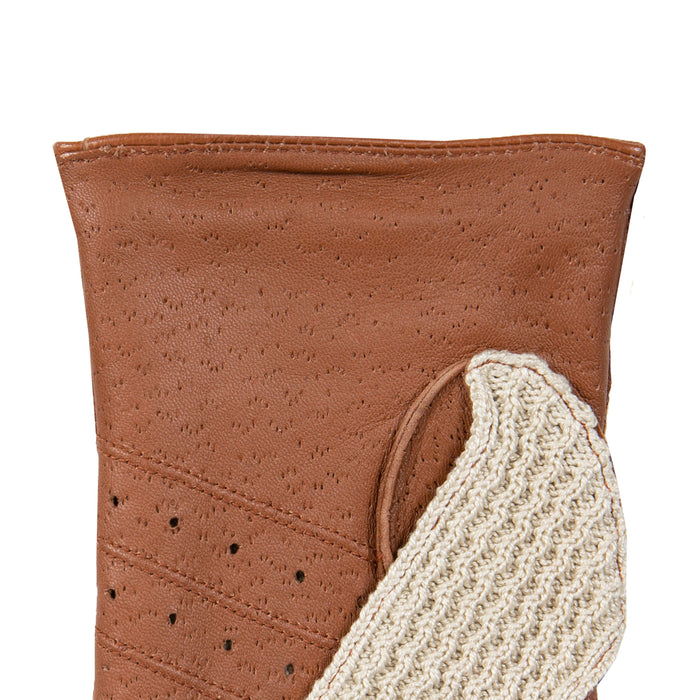 Men’s Crochet-Back Imitation Peccary Leather Driving Gloves in cognac left cuff