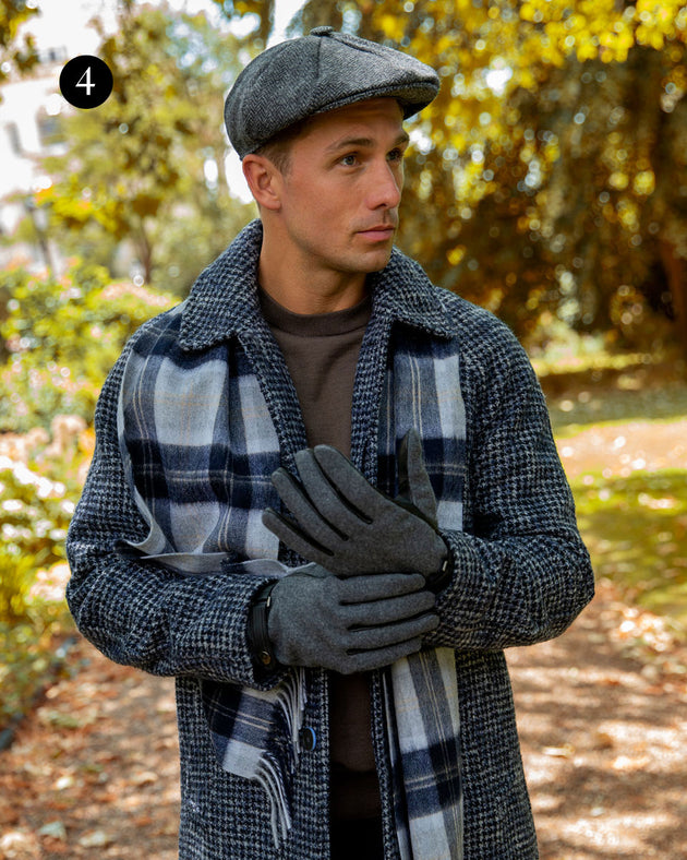 men's flannel leather charcoal gloves hat and scarf
