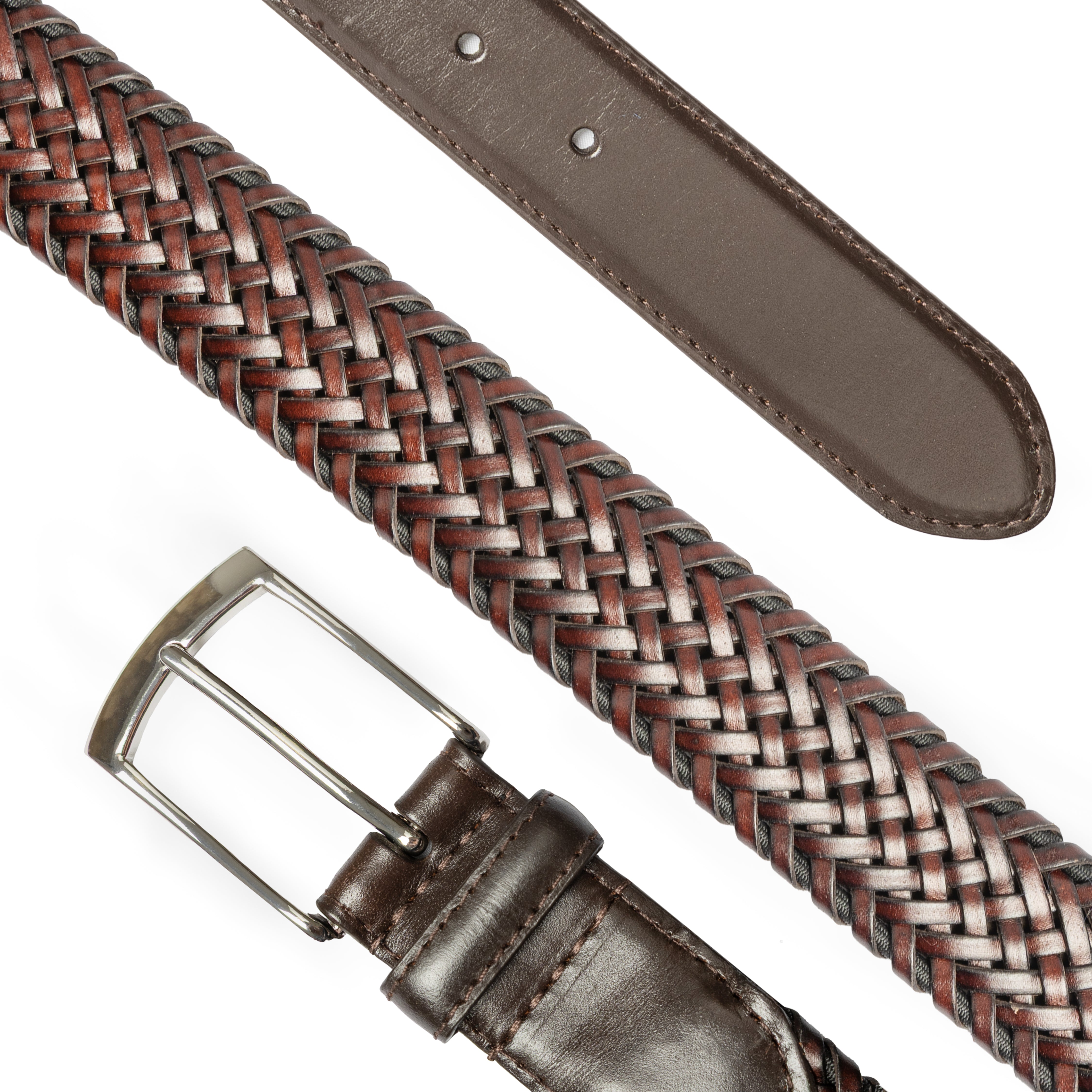 Men's Woven Leather Belt with Satin Nickel Buckle | Dents