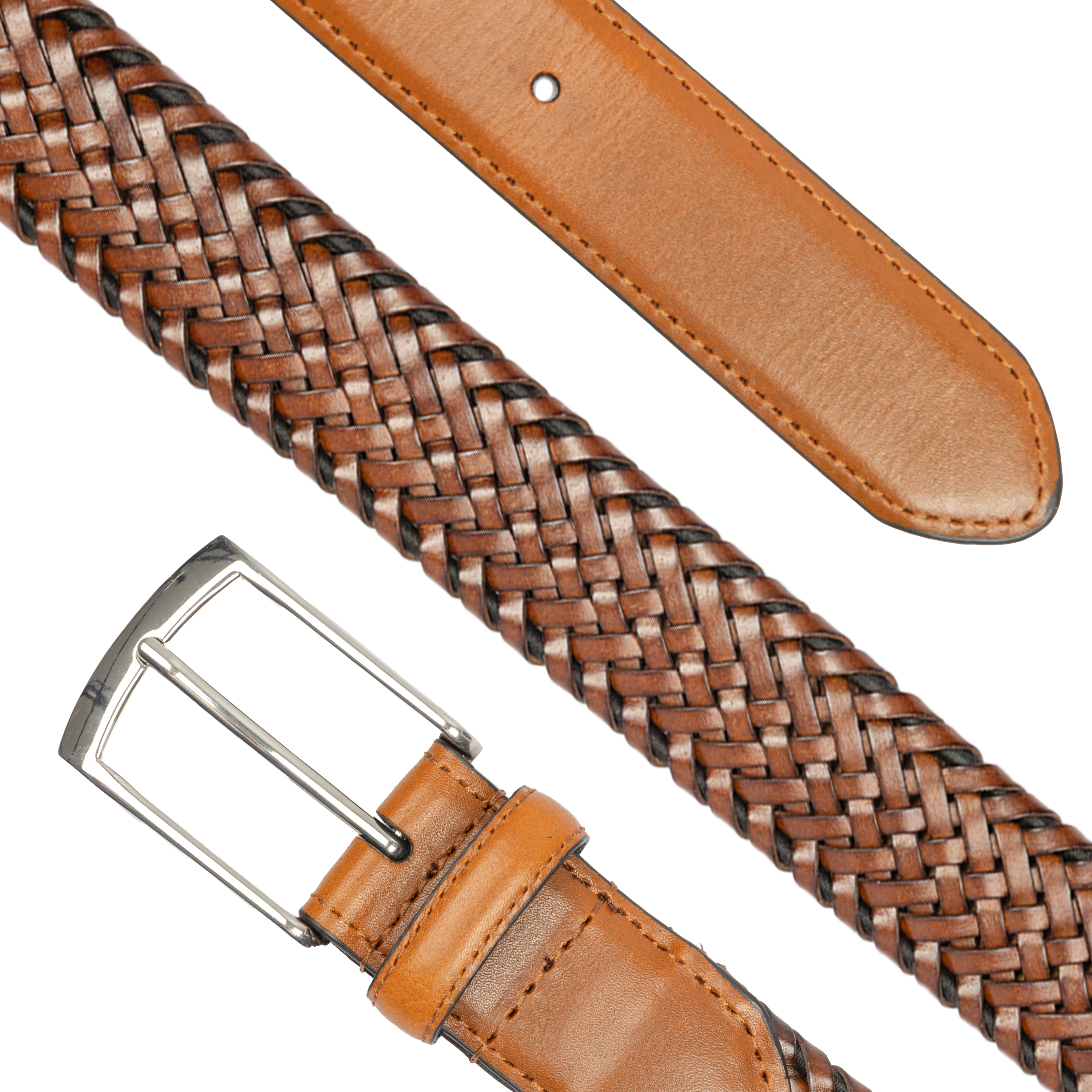 Men's Woven Leather Belt with Satin Nickel Buckle