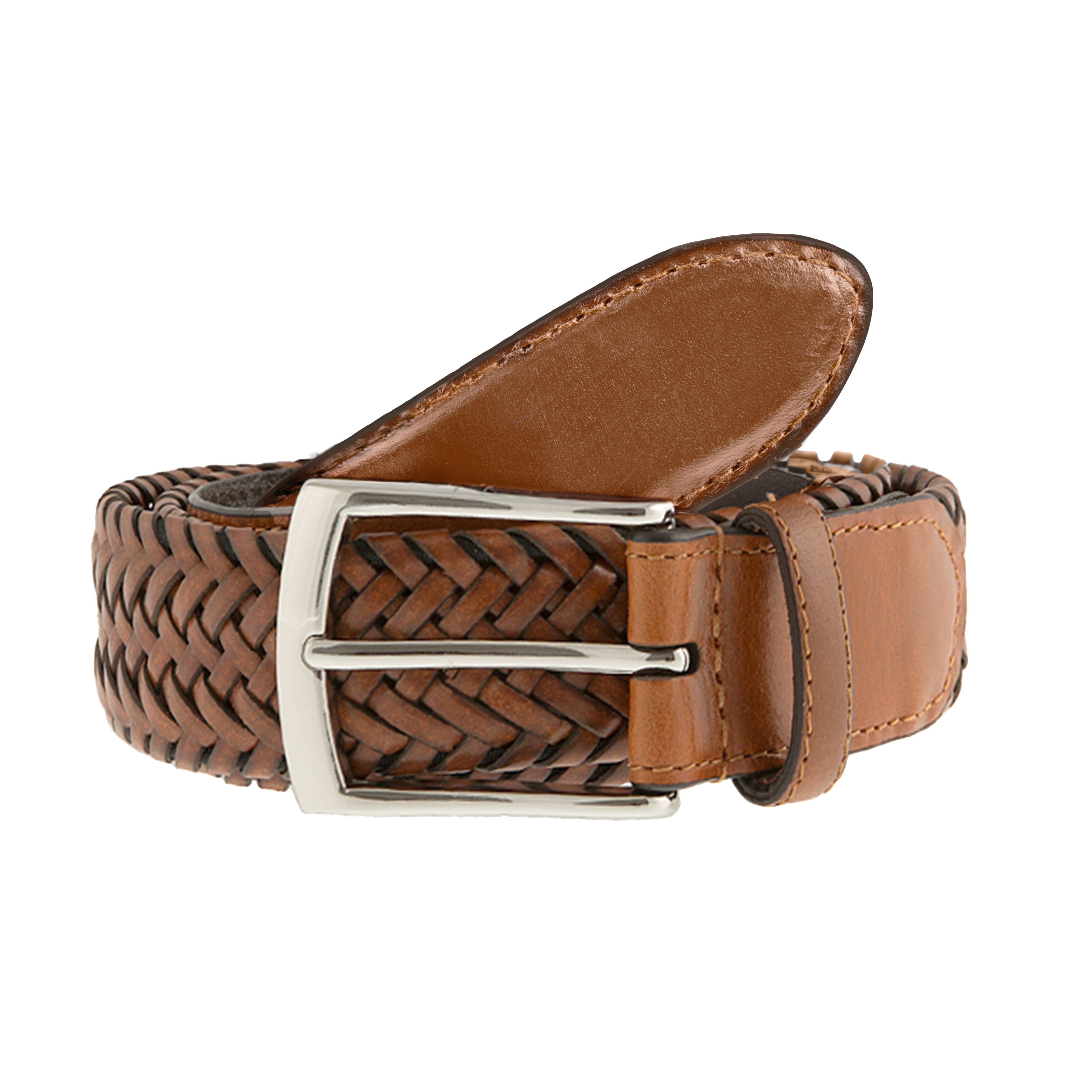 Men's Woven Leather Belt with Satin Nickel Buckle Dents - Main Image