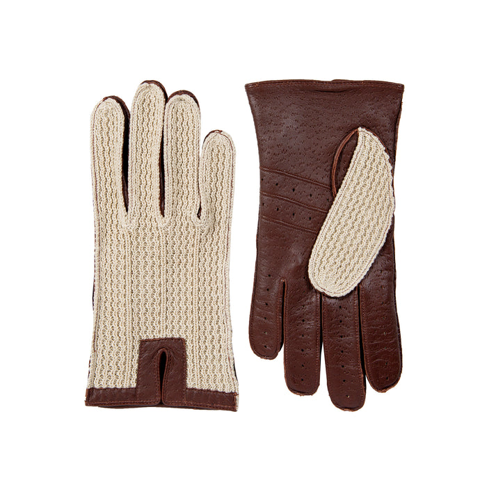 Men’s Crochet-Back Imitation Peccary Leather Driving Gloves in english tan side by side