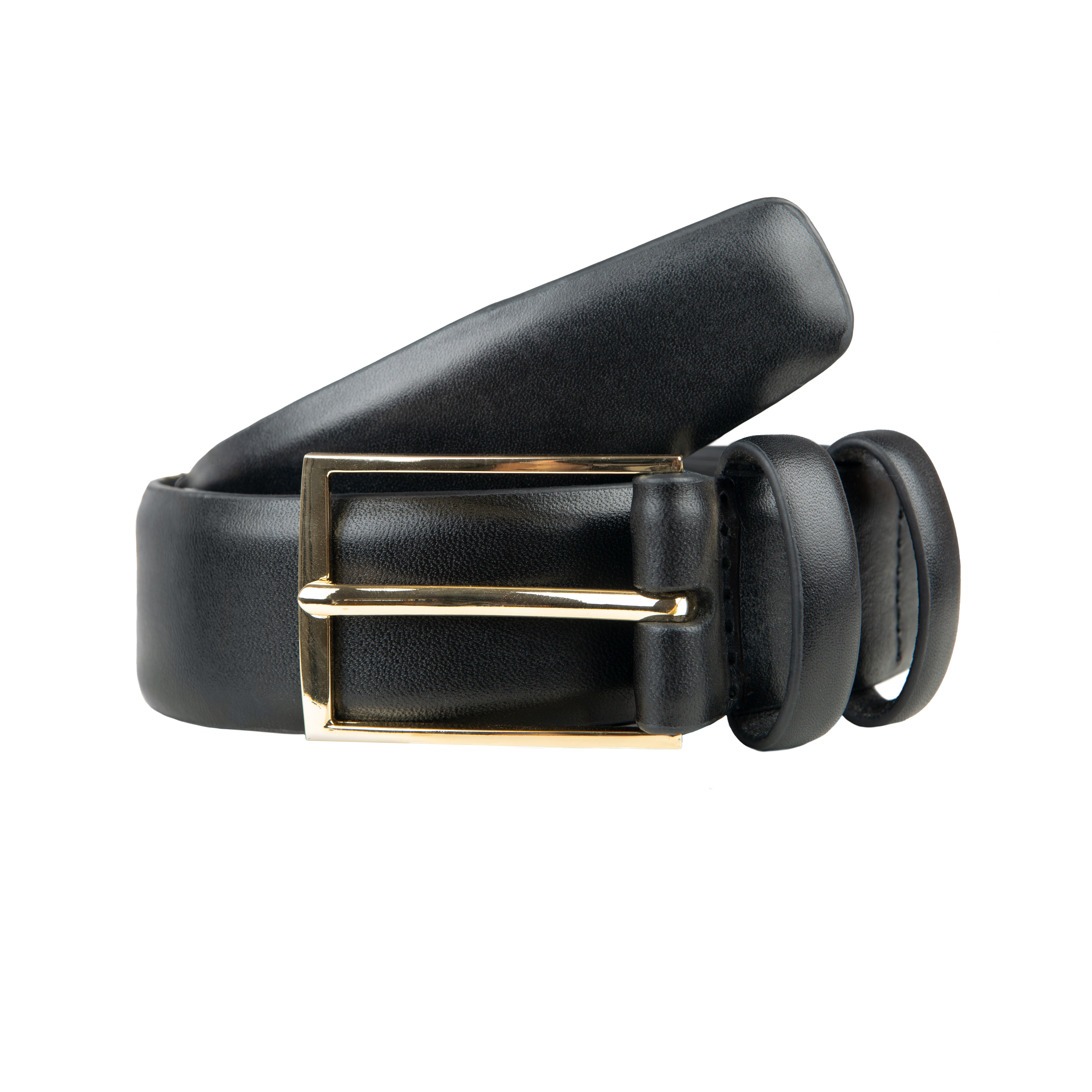Men's Lined Leather Belt with Shiny Gold Buckle | Dents