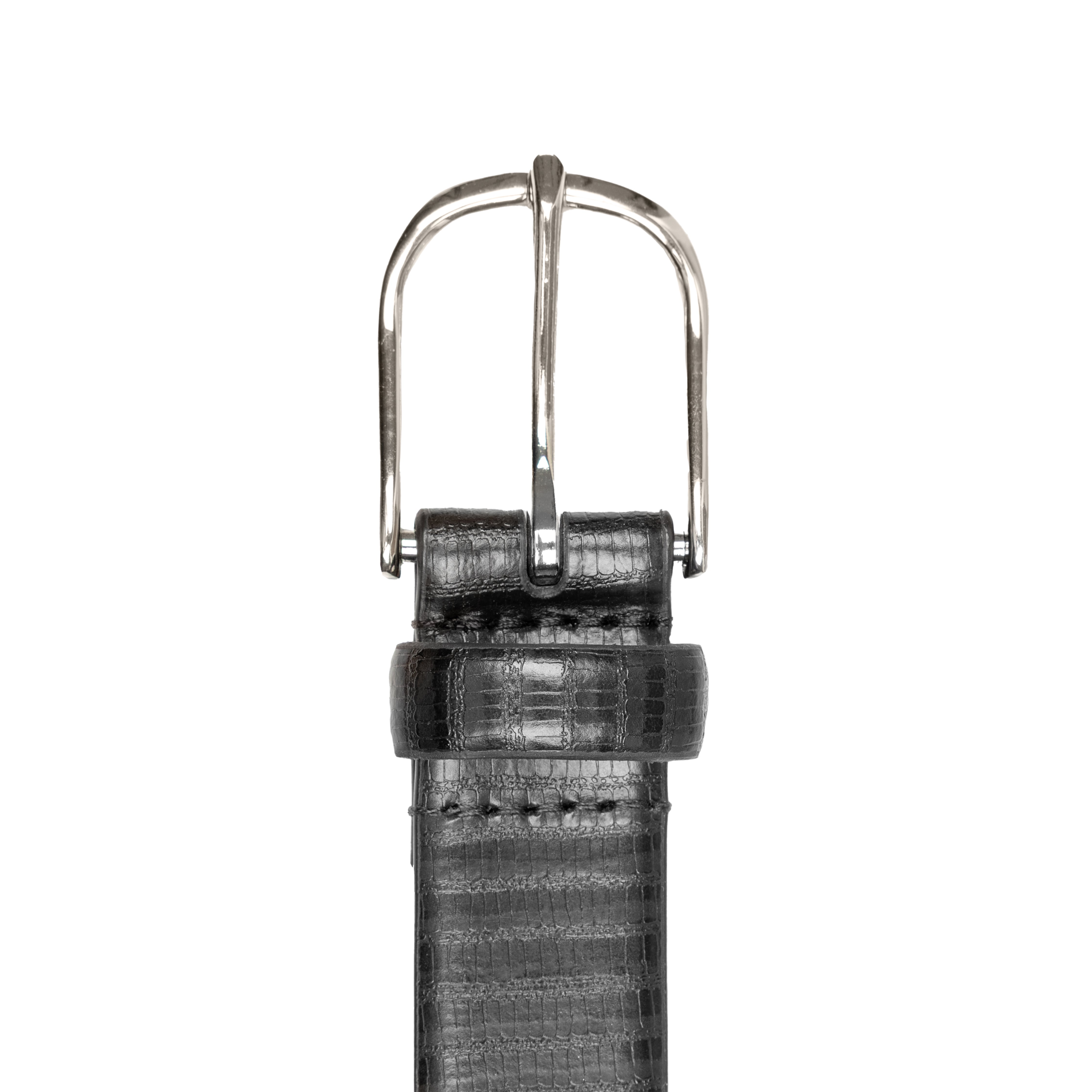 Men's Lizard-Print Leather Belt with Shiny Silver Buckle Dents