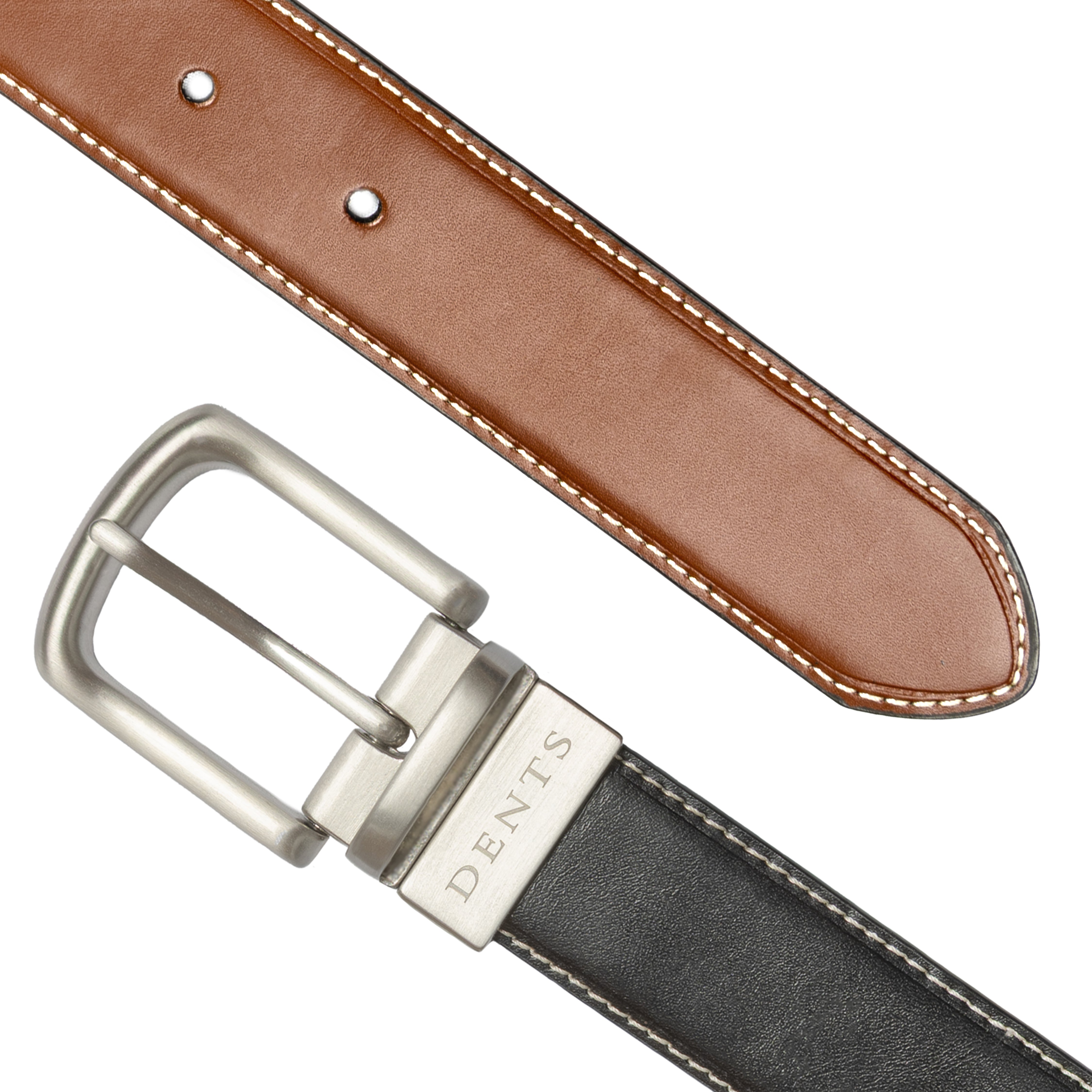 Men's Reversible Leather Belt with Brushed Silver Buckle Dents