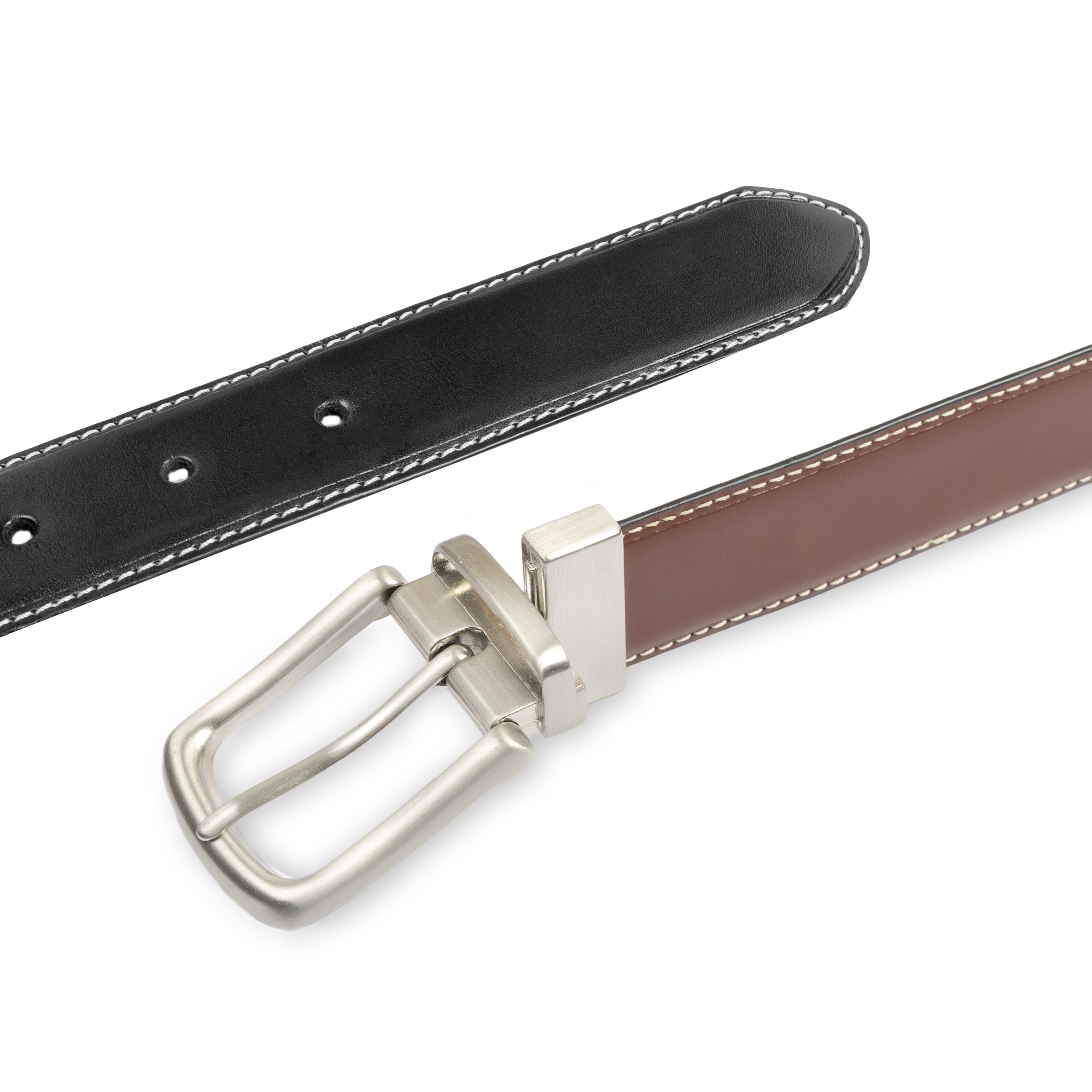 Men's Reversible Leather Belt with Brushed Silver Buckle Dents