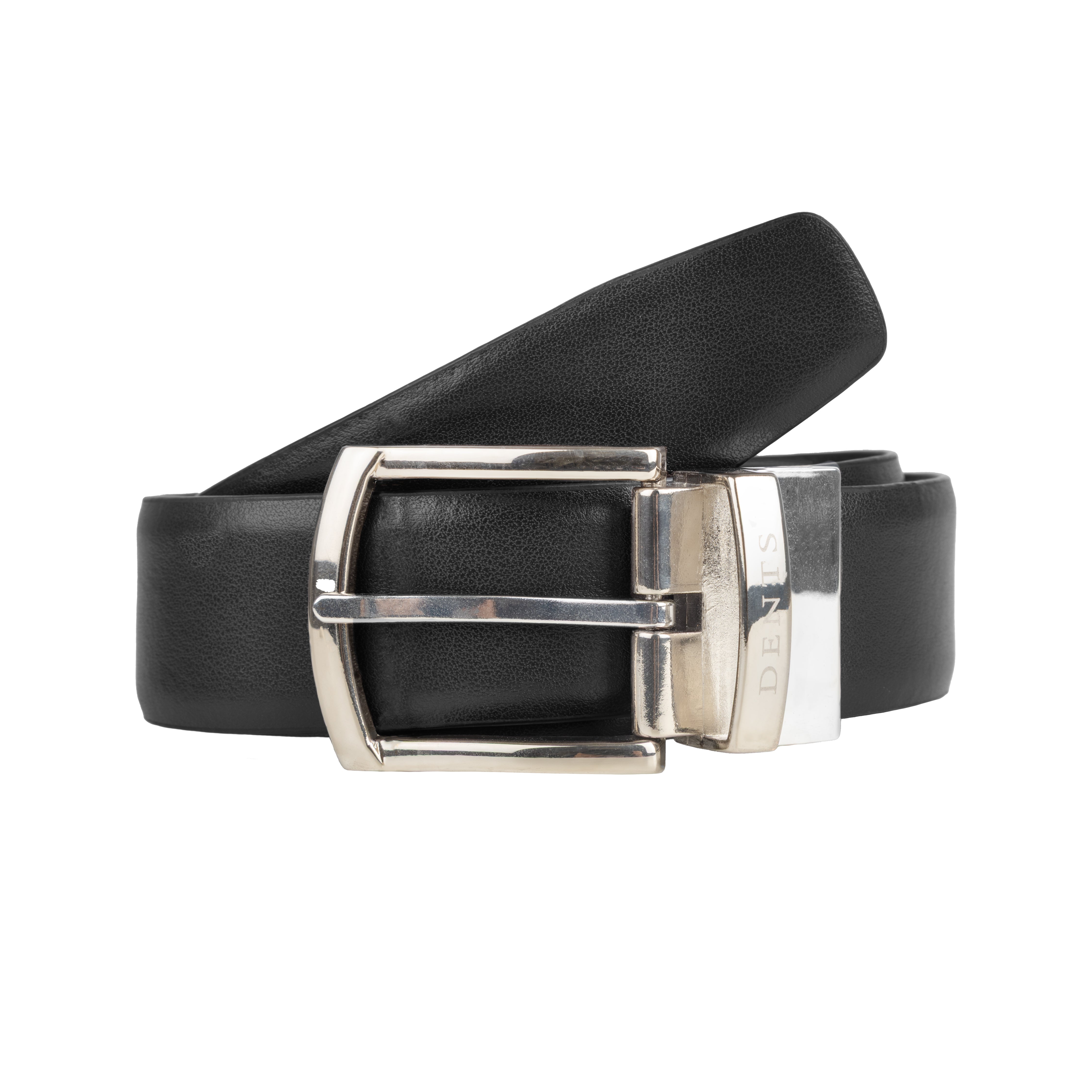 Men's Reversible Leather Belt with Shiny Silver Buckle Dents
