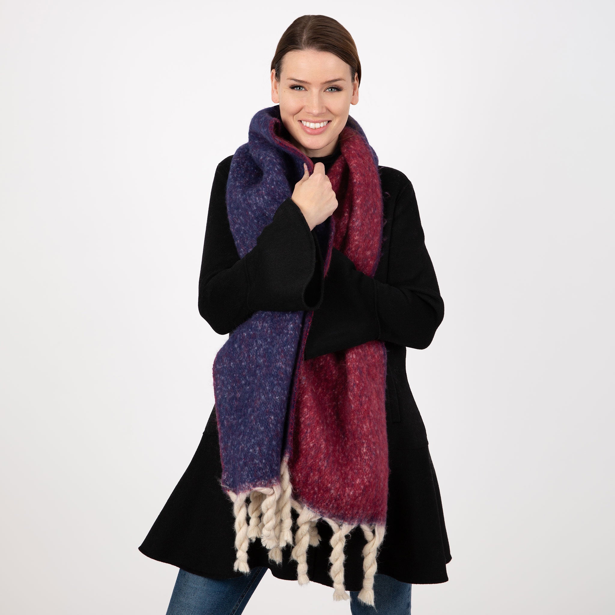 Women's Reversible Two-Tone Blanket Scarf with Tassels Dents