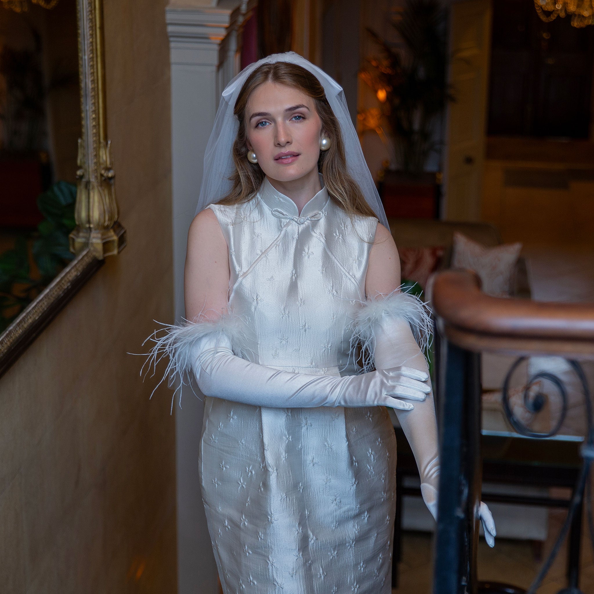 Women's Long Satin Gloves with Feather Cuffs Dents