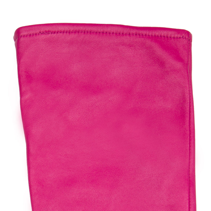Women's Single Point Long Above Elbow Lined Leather Gloves in Hot Pink  left cuff