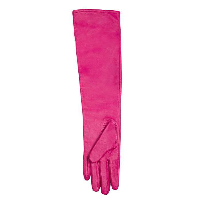 Women's Single Point Long Above Elbow Lined Leather Gloves in Hot Pink  left