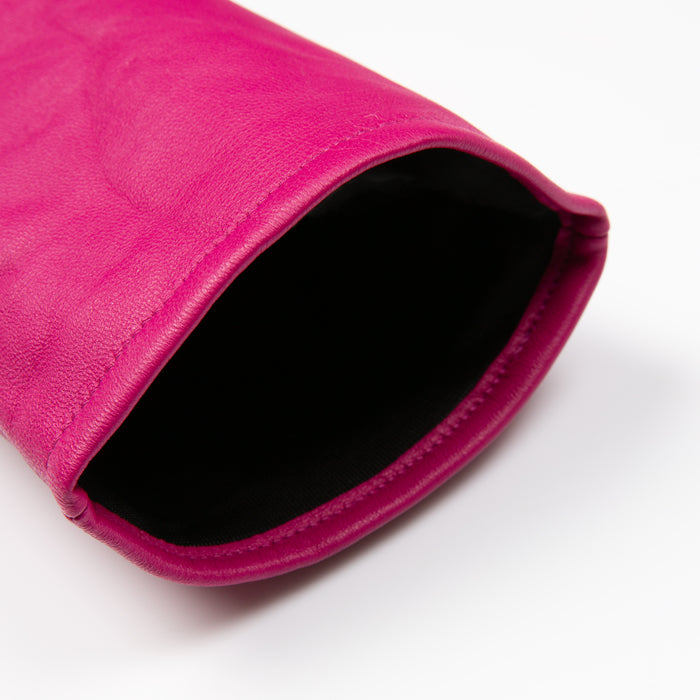 Women's Single Point Long Above Elbow Lined Leather Gloves in Hot Pink  open cuff