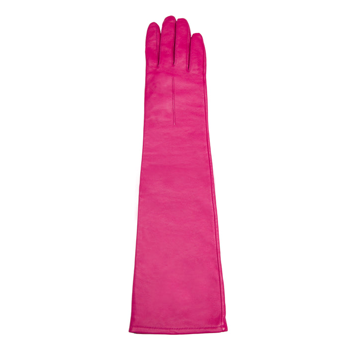 Women's Single Point Long Above Elbow Lined Leather Gloves in Hot Pink right