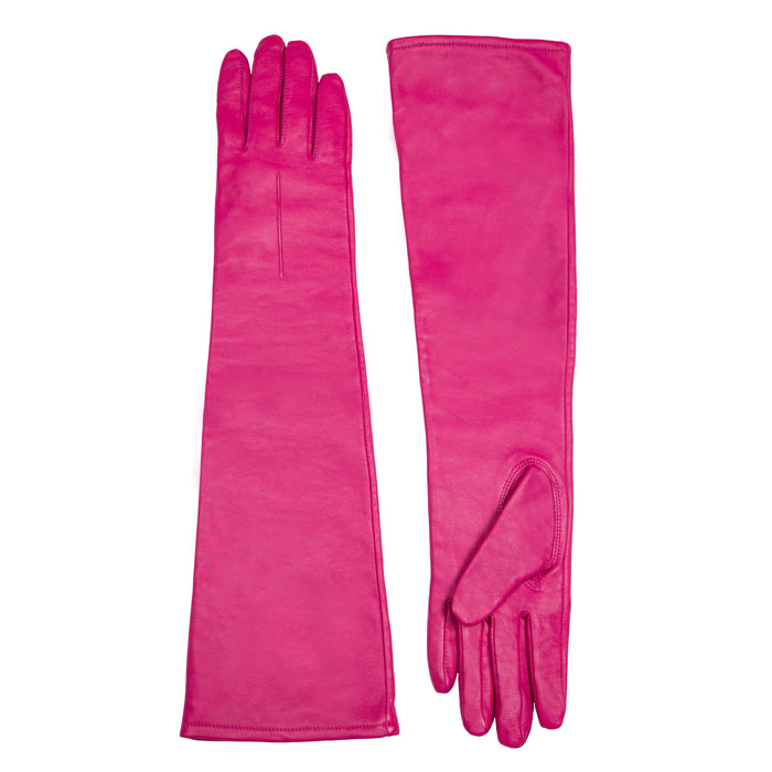 Women's Single Point Long Above Elbow Lined Leather Gloves in Hot Pink side