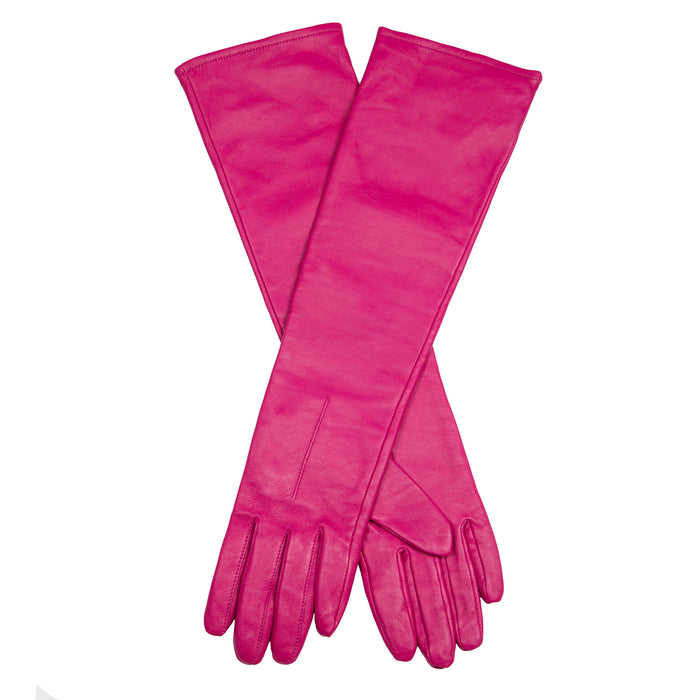 Women's Single Point Long Above Elbow Lined Leather Gloves in Hot Pink
