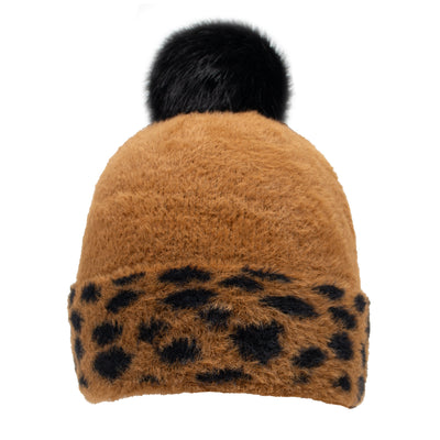 Womens Spotty Feather Yarn Knitted Bobble Hat With Faux Fur Pom Pom