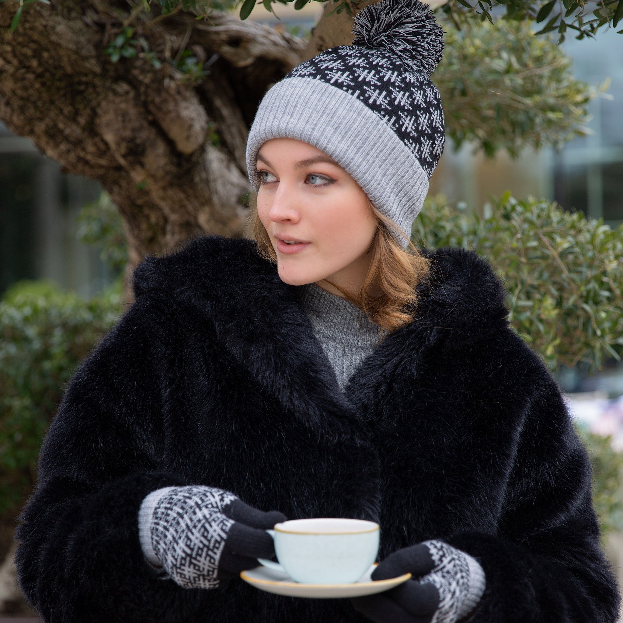 Jacquard Knit Pom-Pom Hat in Black & Grey