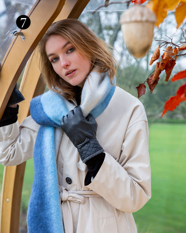 women's leather gloves with a bow charcoal and blue hombre scarf