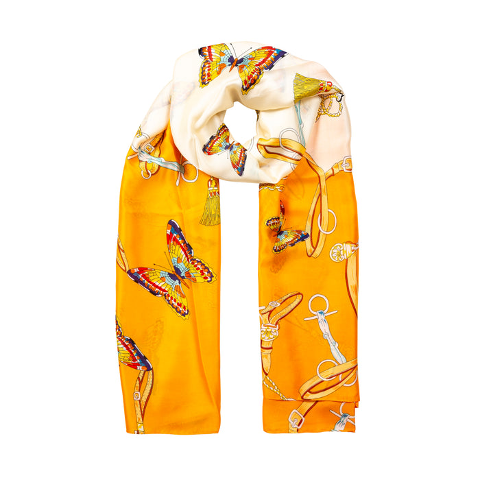 womens orange lightweight scarf with butterflies and buckles