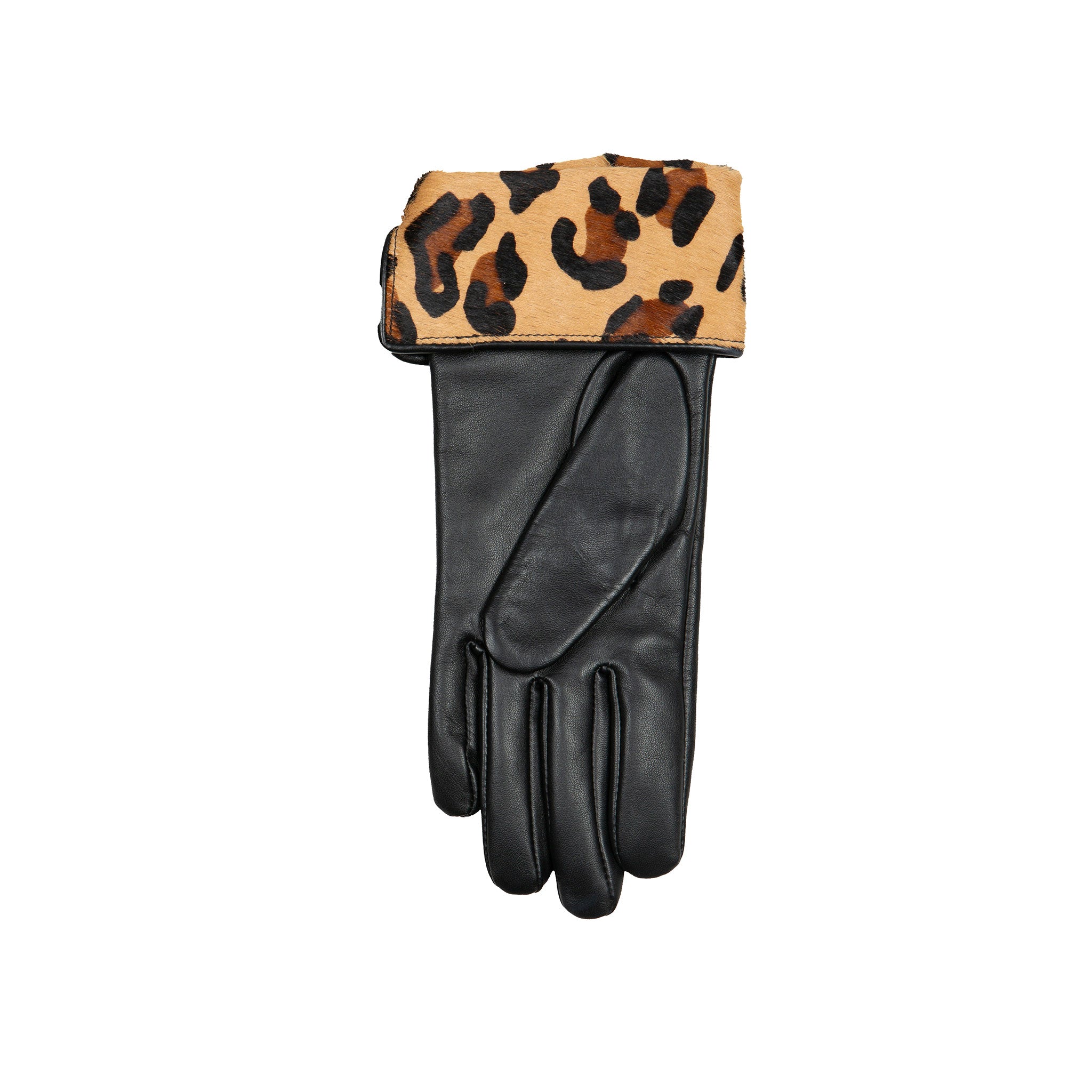 Women's Leather Gloves with Ponyskin Leopard Print Cuffs